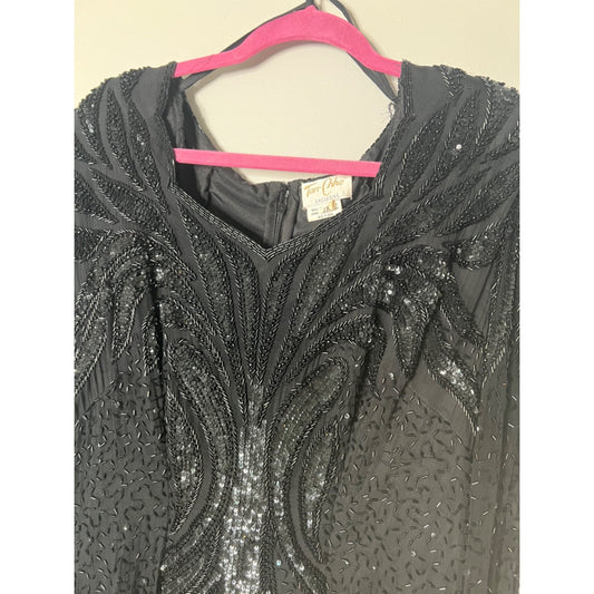 Vtg TAN-CHHO Black 2X Silk Beaded Sequin Long Dress Gown Christmas Cruise Formal