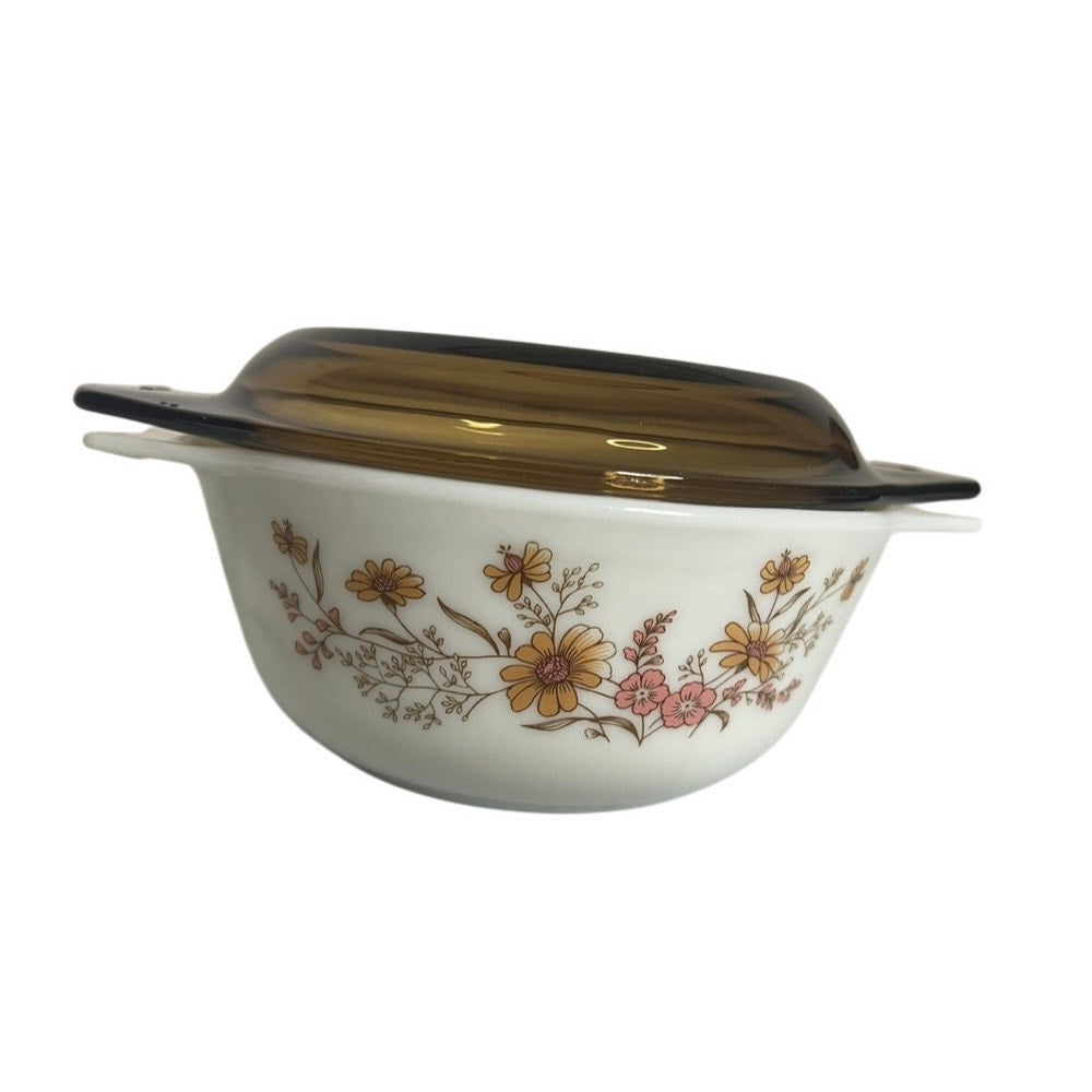 2 Rare Vintage Made In England Country Autumn Floral Pyrex Lidded Casserole Dish