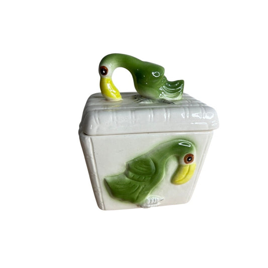 1970's Vintage Bamboo and Parrot Decorative Lidded Jar/ Trinket Jar