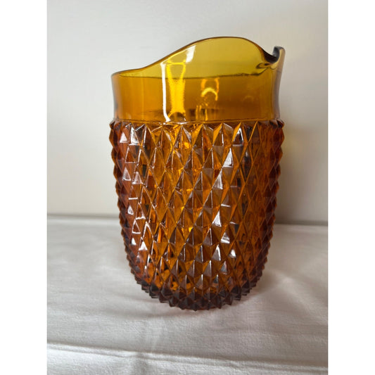Vintage Indiana Glass Diamond Point Amber Heavy 52 Oz 7 5/8” Pitcher EUC