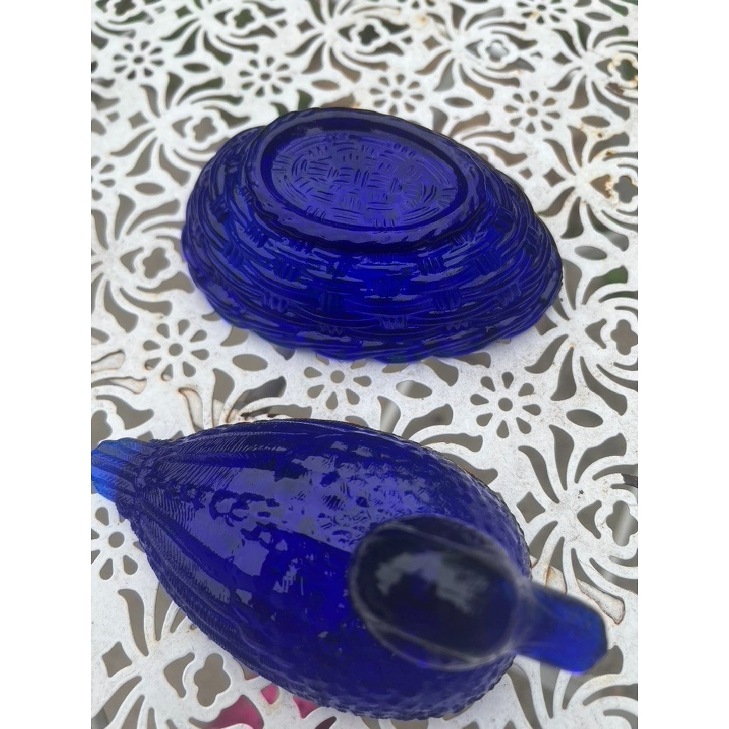 Vintage Cobalt Blue Glass Duck on Nest Woven Basket L E Smith or Westmoreland