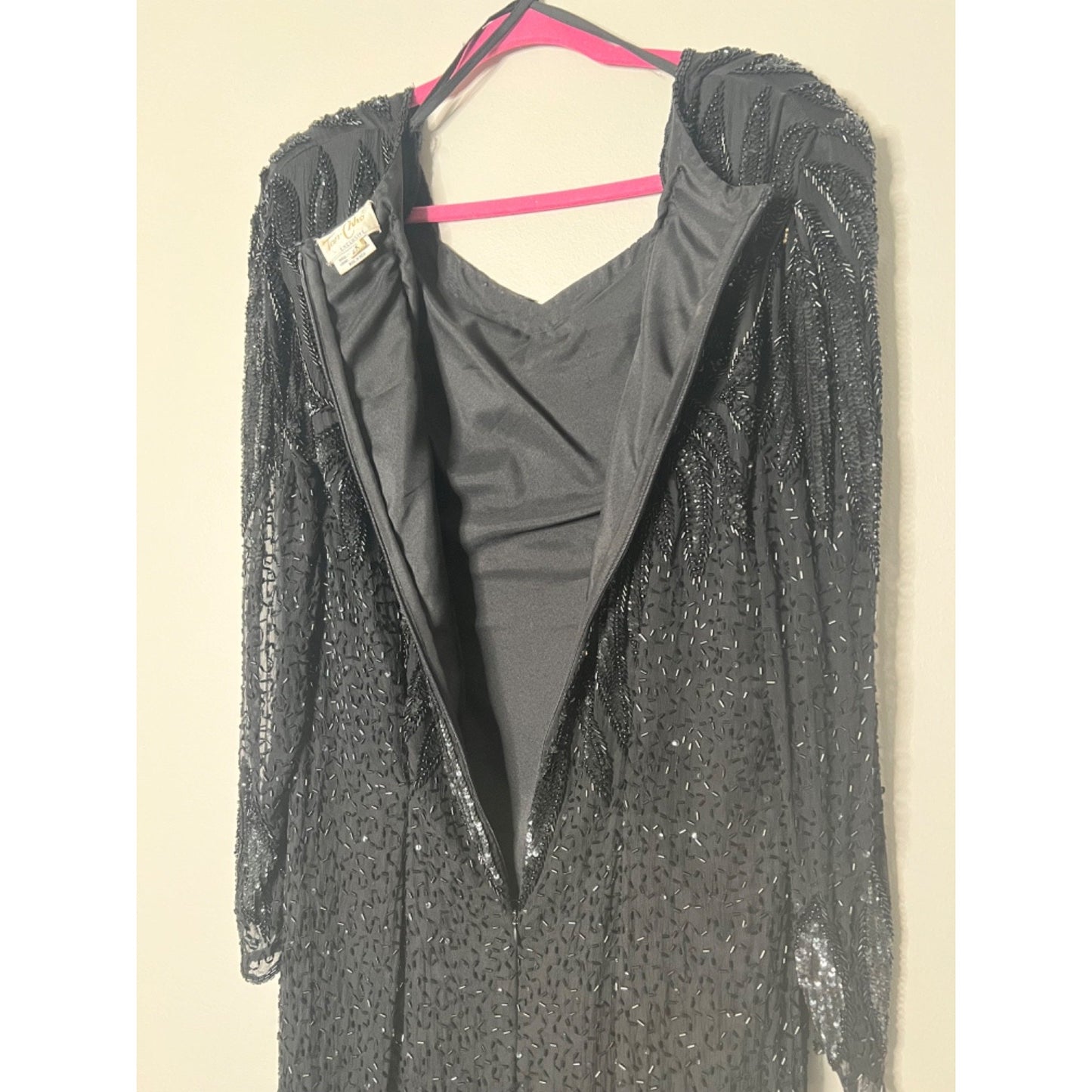 Vtg TAN-CHHO Black 2X Silk Beaded Sequin Long Dress Gown Christmas Cruise Formal