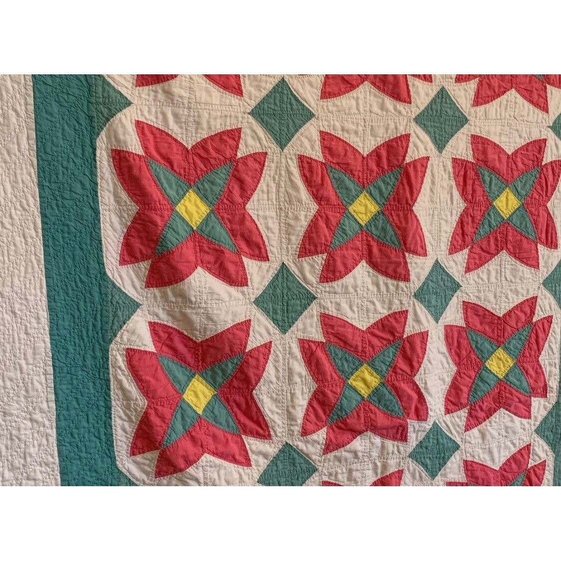 Pair Of Antique Christmas Poinsettia Quilts 1930's Hand Quilted Twin with Provenance