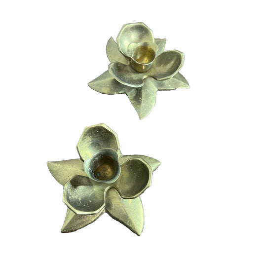 Set of 2 Vintage Pair Brass Coated Lotus Flower Candle Stick Holders