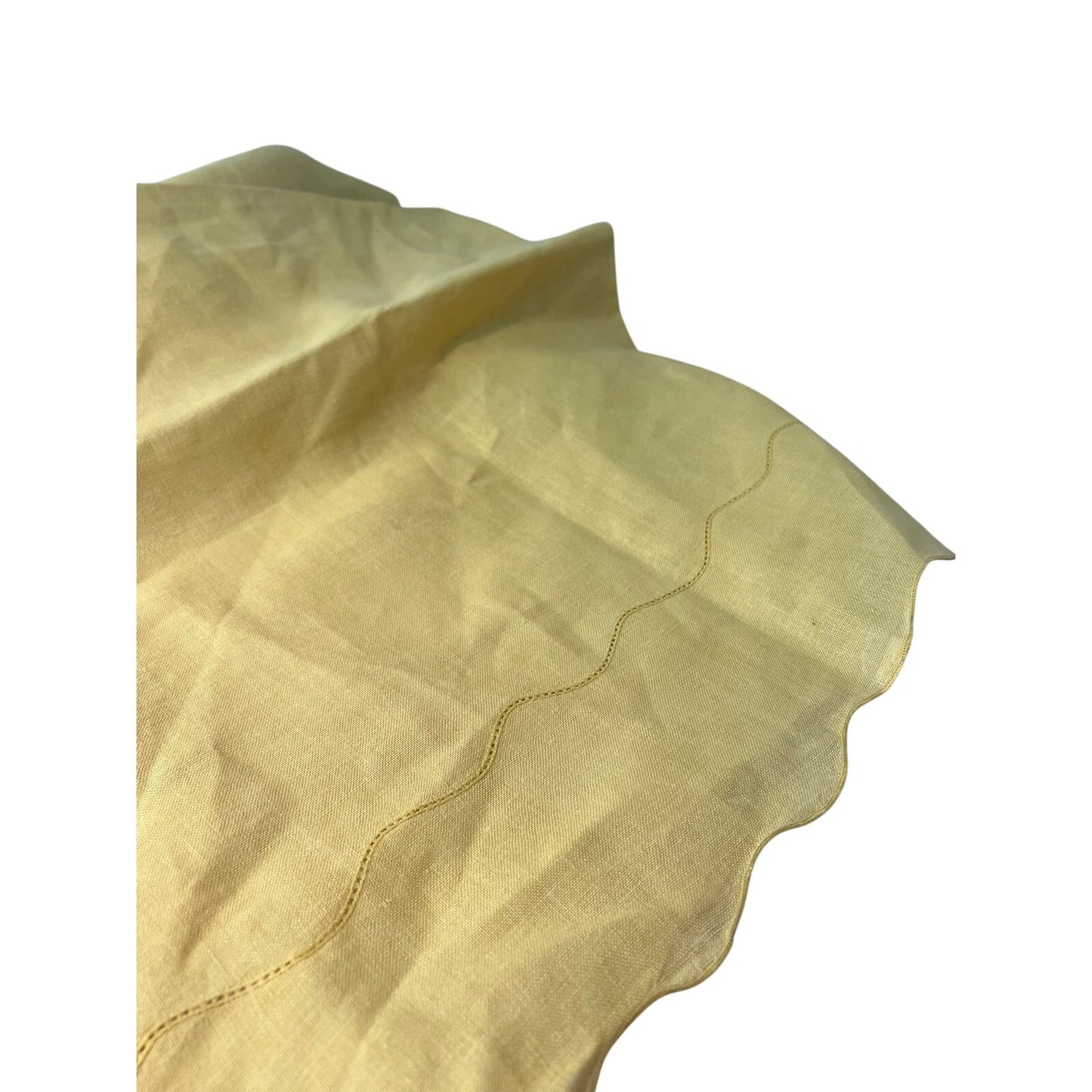 VTG Capri Butter Yellow Belgian Linen Scallop Edge Hemstitch Tablecloth 68x84