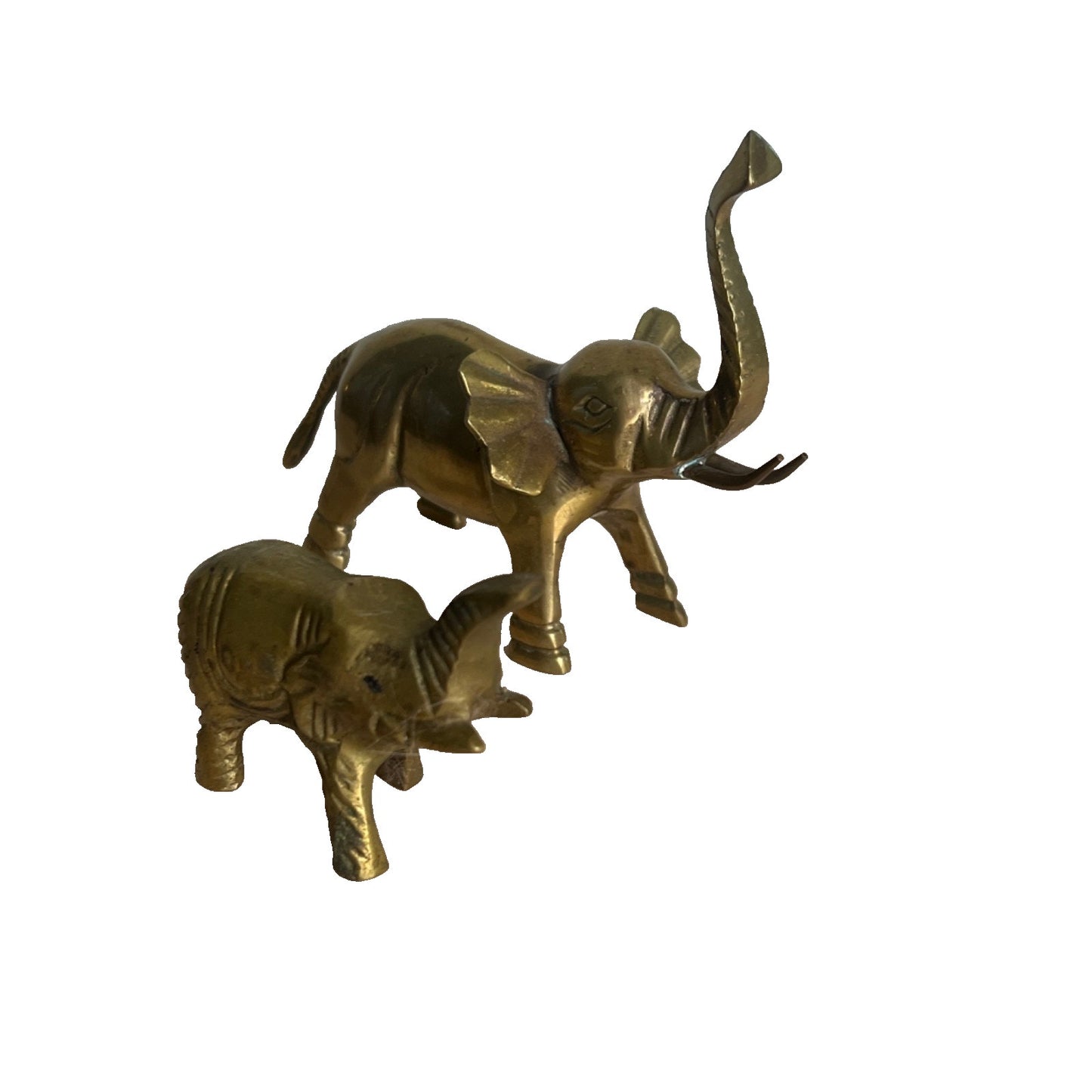 VTG MCM 2 Brass ELEPHANT Statues 6” And 3” Heavy Trunk Up Patina Lucky *Read