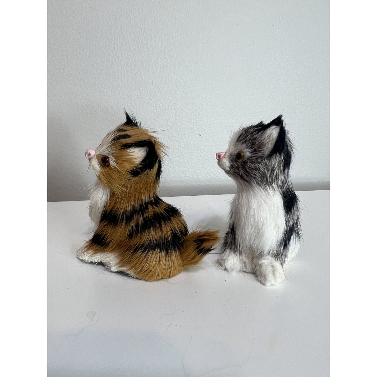 Vintage Golden Leaf Real Rabbit Fur Animal Figure Kitten Cat 3" Set of 2
