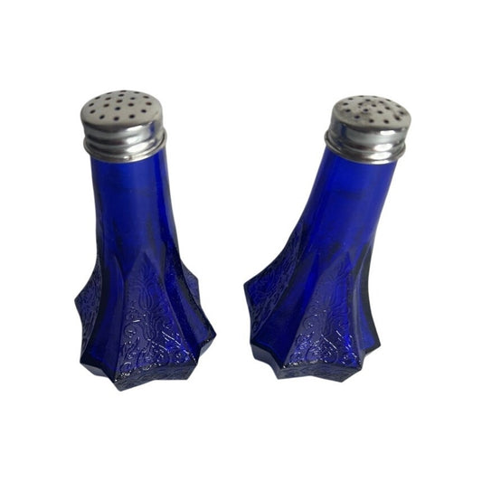 VTG Cobalt Blue Depression Glass Salt & Pepper Shakers Embossed
