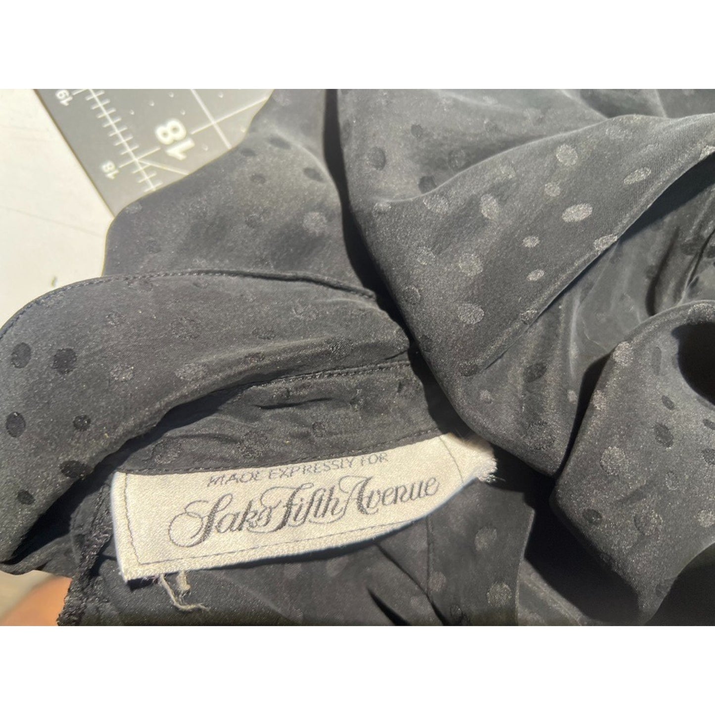 Vintage Size 10 Saks Fifth Avenue Black 100% Silk Polka Dot Dress Button Back
