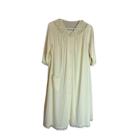 Shadowline Robe Yellow Nylon Button Front Embroidered Lace Pocket Vtg