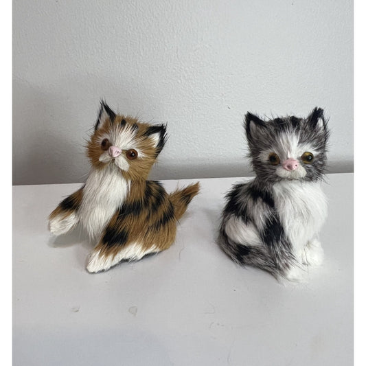 Vintage Golden Leaf Real Rabbit Fur Animal Figure Kitten Cat 3" Set of 2