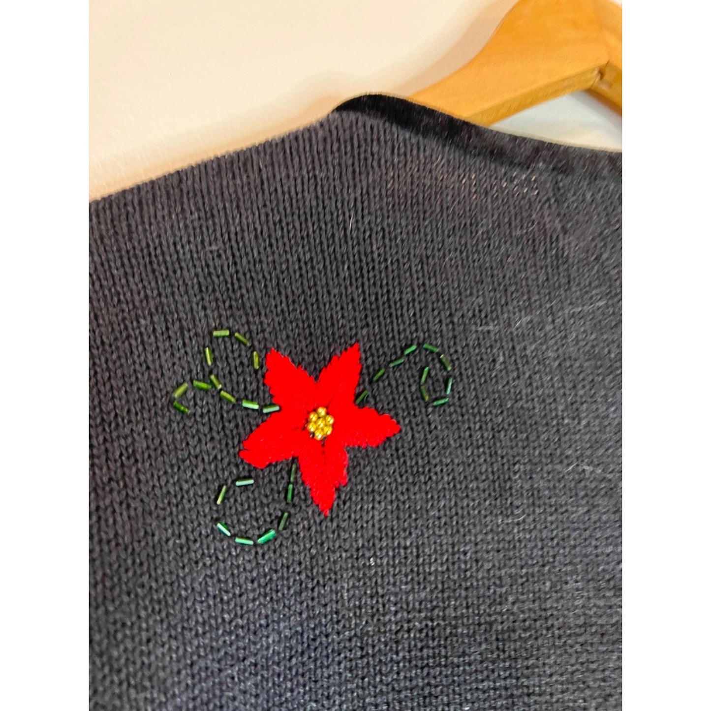VTG Studio Joy Black Poinsettia Embroidered Sequin Button Cardigan Sweater XL