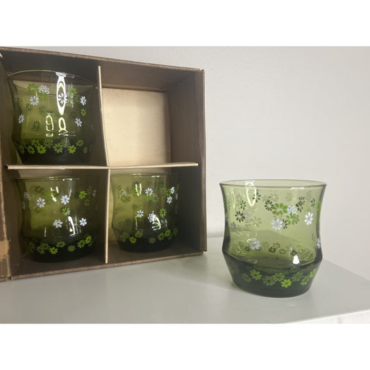 RARE NOS 8 Vintage Libbey Green Straw Flower Crazy Daisy Rocks Glasses