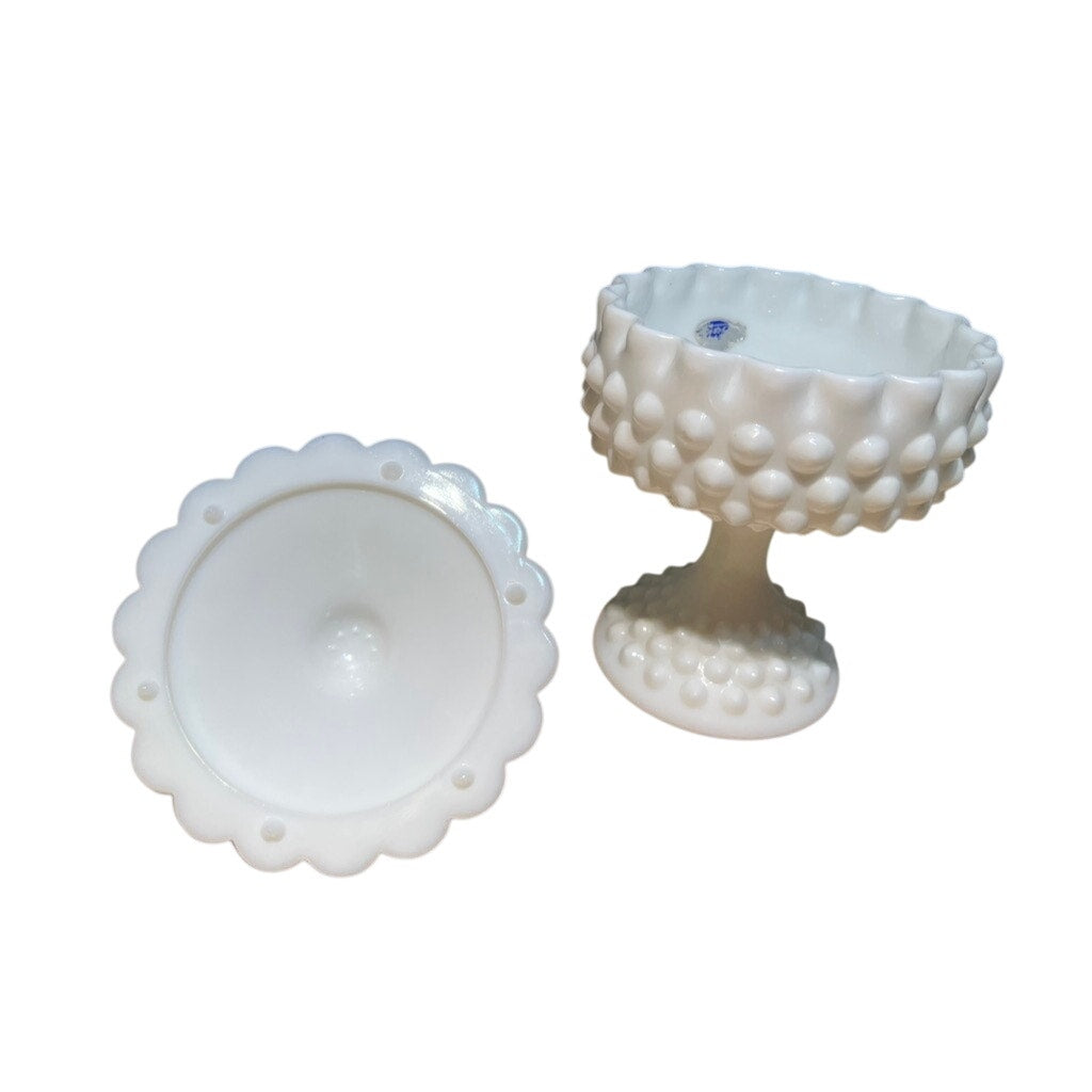 Vintage Fenton Lidded Hobnail Milk Glass Candy Dish with Sticker