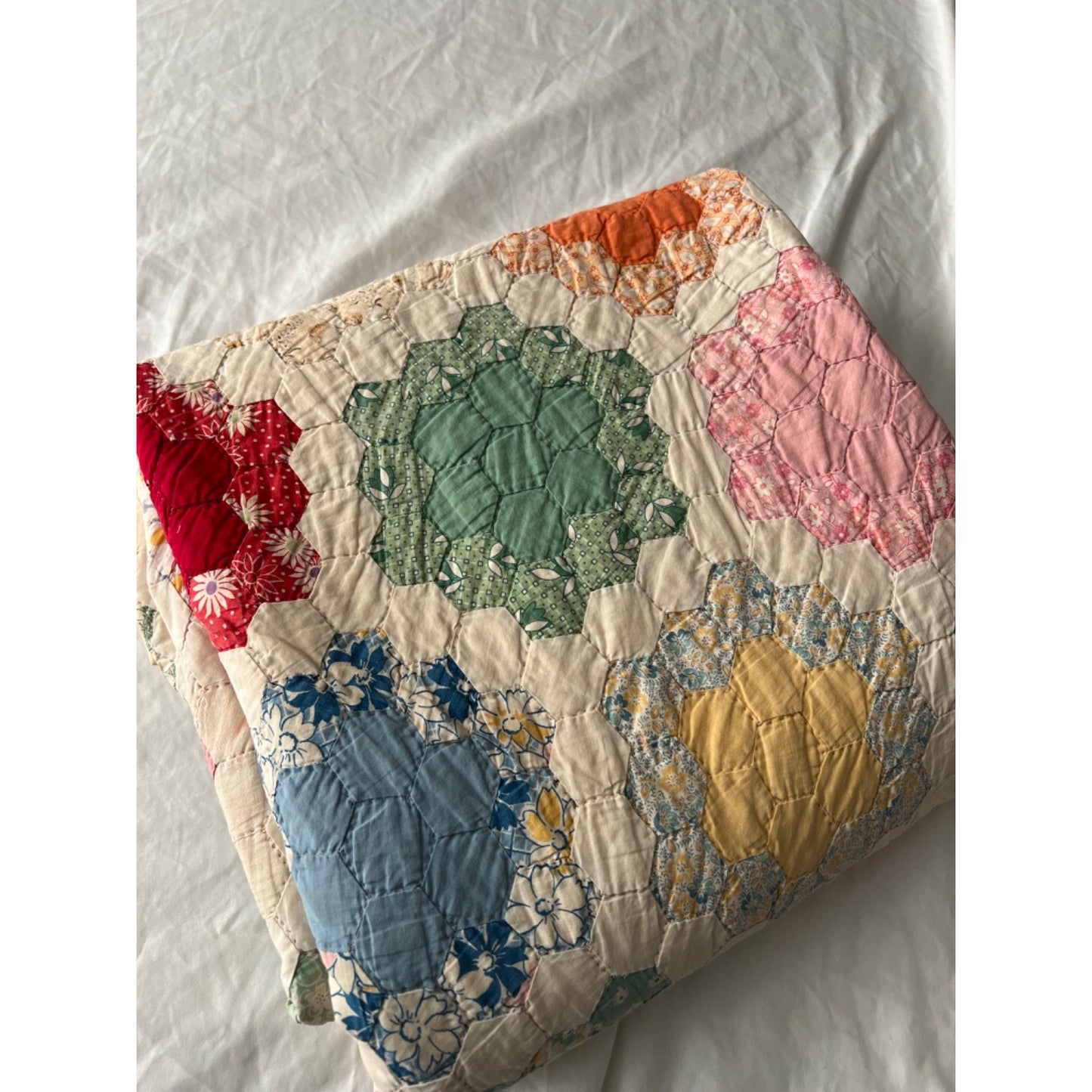 1930's Grandmother's Flower Garden Antique Quilt 80x79
