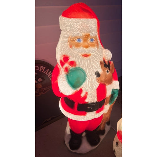 Vintage 2000 Plastic Blow Mold Lighted Santa Claus with Reindeer 40"