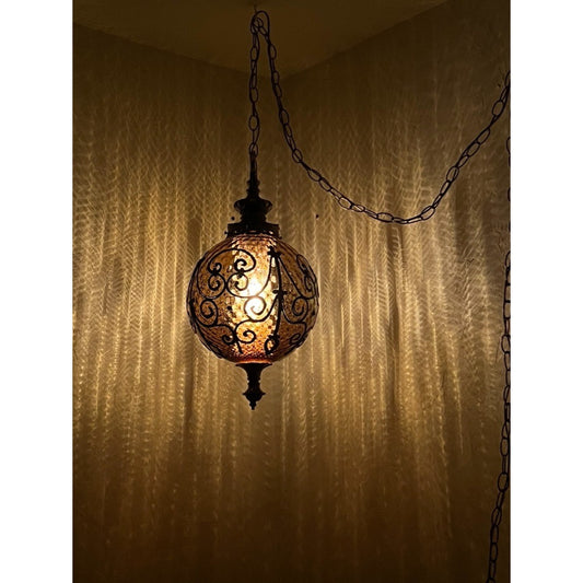 AMBER DIMPLED Glass Vintage Light Swag Hanging Lamp Diffuser Antique 70s