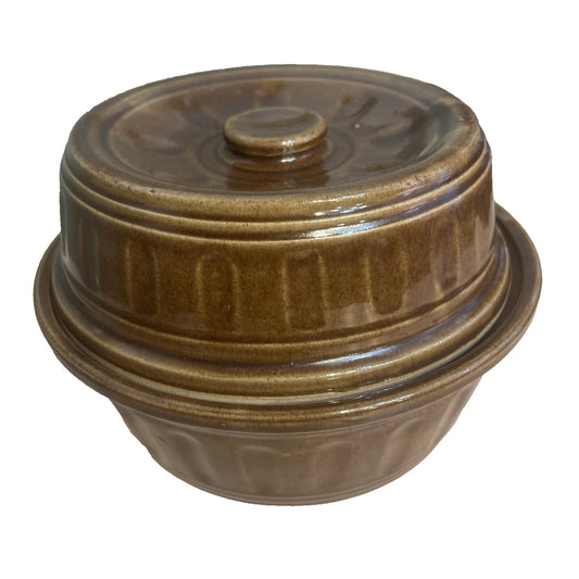 Vintage 2 Qt Brown Glaze Bean Pot Crock Stoneware Dutch Oven marked USA