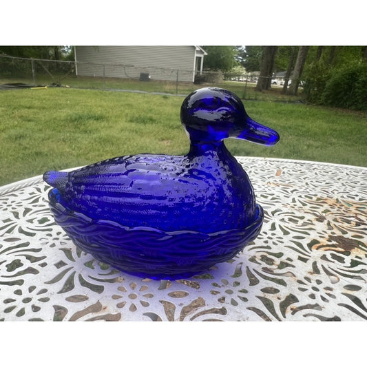 Vintage Cobalt Blue Glass Duck on Nest Woven Basket L E Smith or Westmoreland