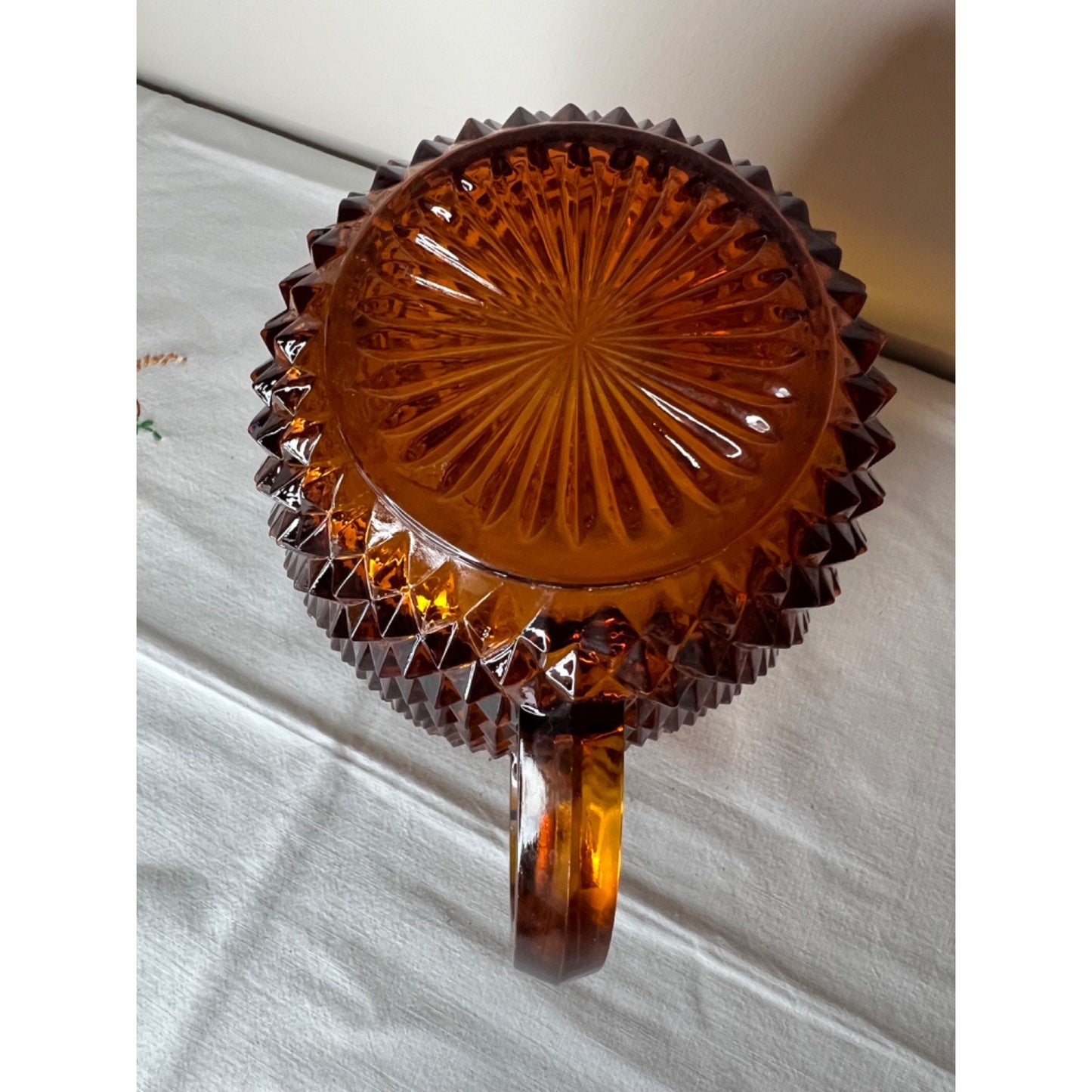 Vintage Indiana Glass Diamond Point Amber Heavy 52 Oz 7 5/8” Pitcher EUC