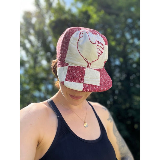 Vintage Redwork Embroidered Rooster Quilt & Irish Linen Baseball Hat 2