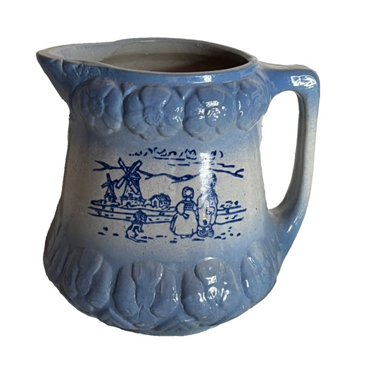 Antique Early 1900s Brush McCoy Blue White Stoneware Pitcher Dutch Children Dog