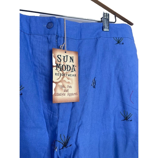 NWT XXL Sun Moda Resort Wear Blue Linen Angel Fish Embroidered Pants Cruise