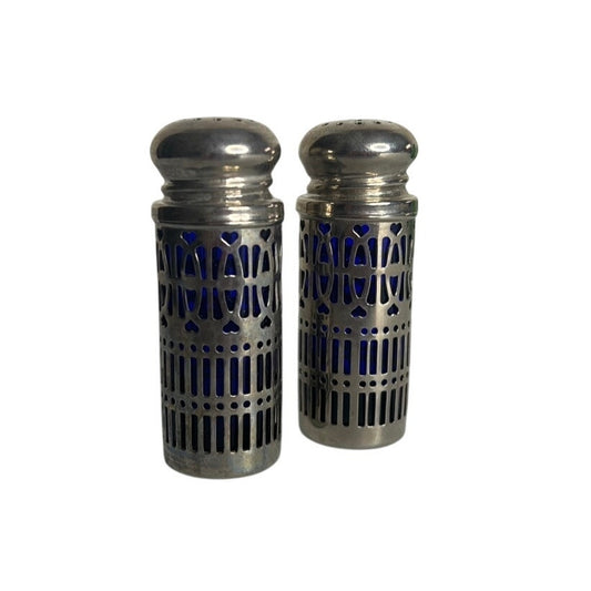 Vtg GODINGER Silver Plate Filagree Hearts Blue Cobalt Glass Salt Pepper Shakers