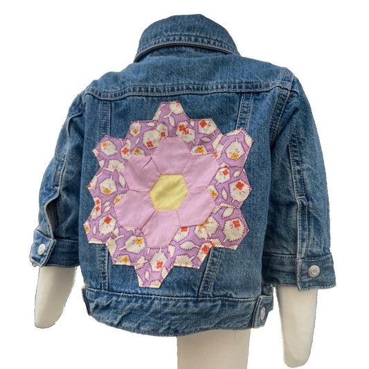 NWT Children's Place 6/9 Jean Jacket w/ Grandmother's Flower Garden Quilt Patch