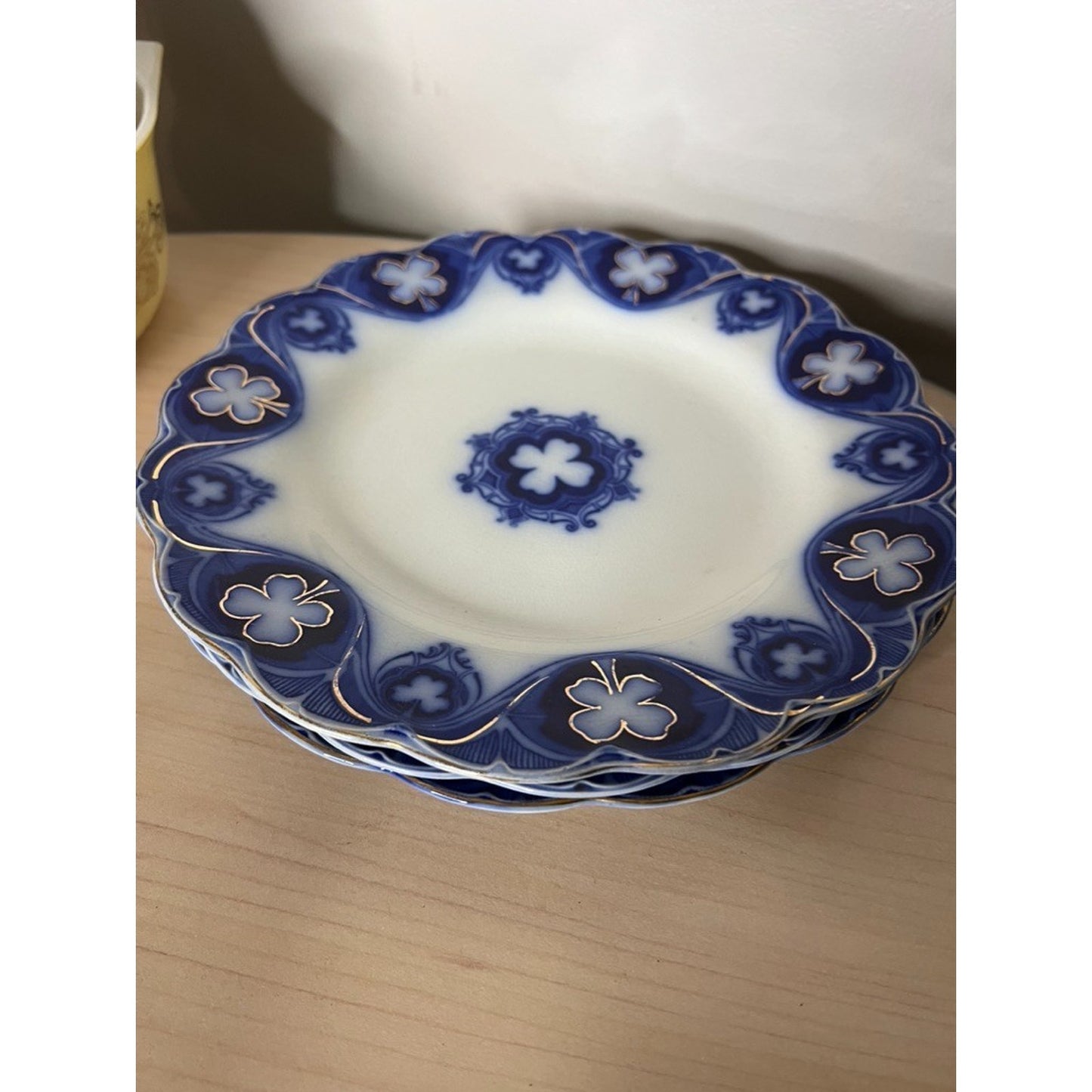 Victorian Antique Johnson Bros Flow Blue Savoy Plate 9” Clover Gold Pattern