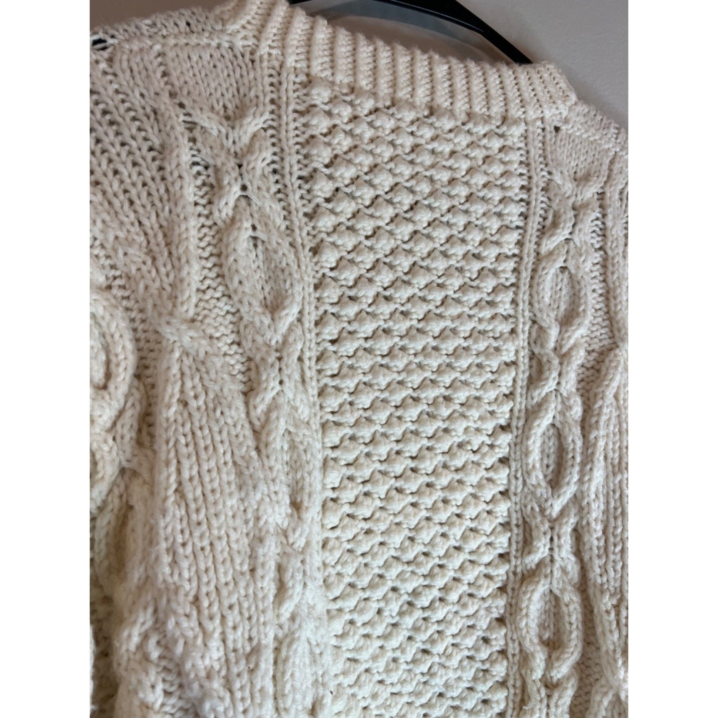 Vintage Handmade 90s Fisherman Cable Knit Wool Aran Sweater Mens size L XL Cream