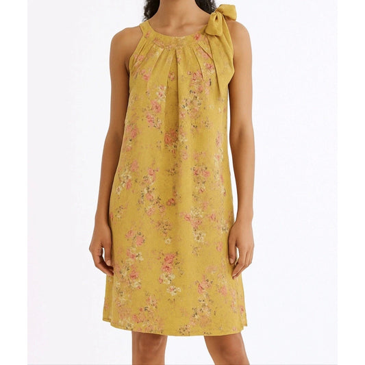 Bellambra Women's Small Floral Yellow 100% Linen Halter Bow Dress
