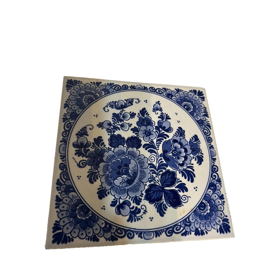 VTG Delft Blue White Flower 6" Tile Hand Painted Holland Signed