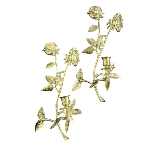 Vintage Brass Rose Wall Sconces Pair of Floral Brass Candle Holders Hollywood Regency Gold Rose Decor