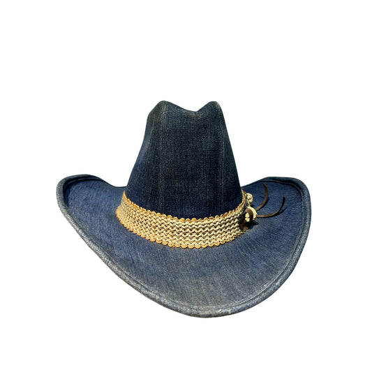 Vintage 70's YA Denim Jean Cowboy Hat Size Small 6 3/4 - 6 7/8 Brass Horse Band