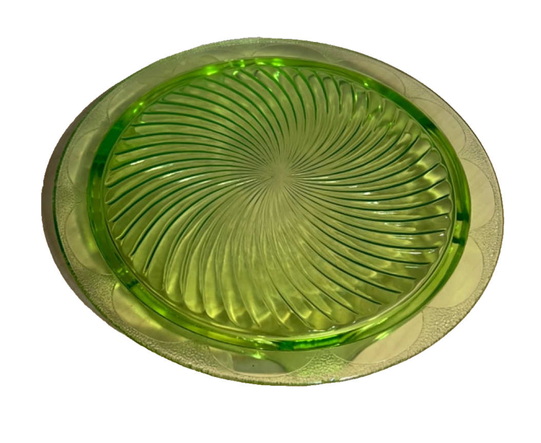 VTG Green Uranium Depression Glass Cake Plate Swirl Footed 10"