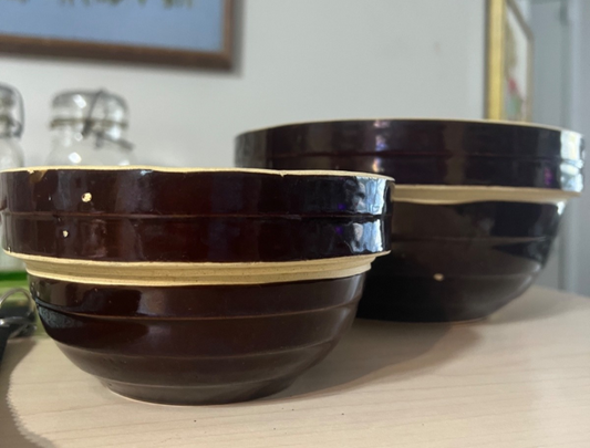 Vintage USA Stoneware Mixing Bowls Set – Brown Drip Glaze 9” 6” Farmhouse Decor