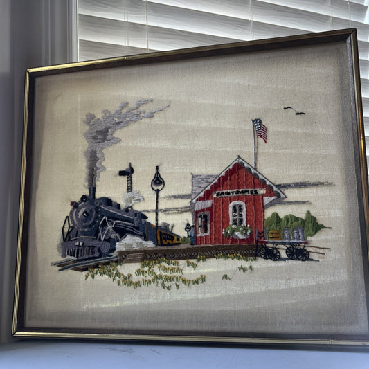 Vintage 1974 Saint James Train Station Depot RR Flag Needlepoint 19 x 23