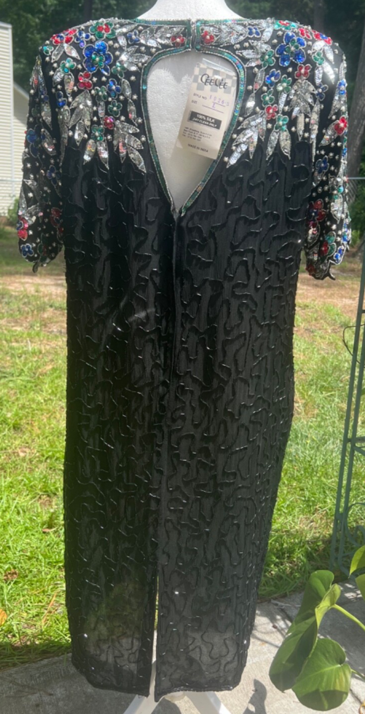 RARE NWT Vintage Cee Cee Black Silk Beaded Sequin Dress Cutout Back Cruise