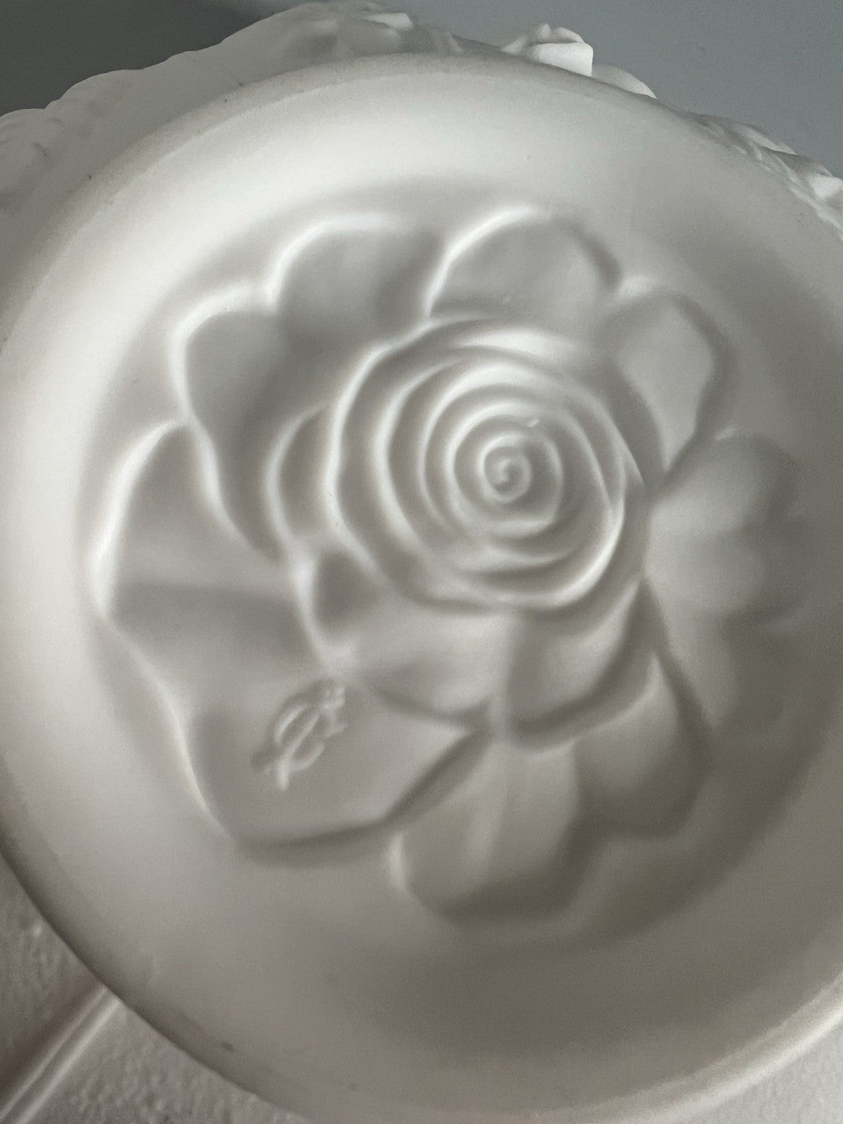 Vintage Imperial Milk Glass Bowl White Satin Roses Raised Design Crimped 9"