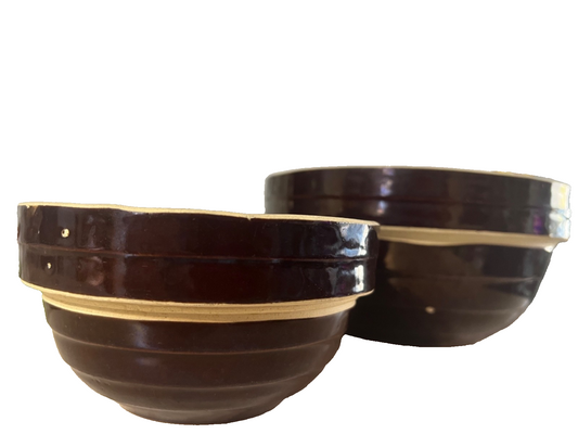 Vintage USA Stoneware Mixing Bowls Set – Brown Drip Glaze 9” 6” Farmhouse Decor