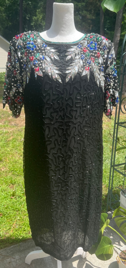 RARE NWT Vintage Cee Cee Black Silk Beaded Sequin Dress Cutout Back Cruise