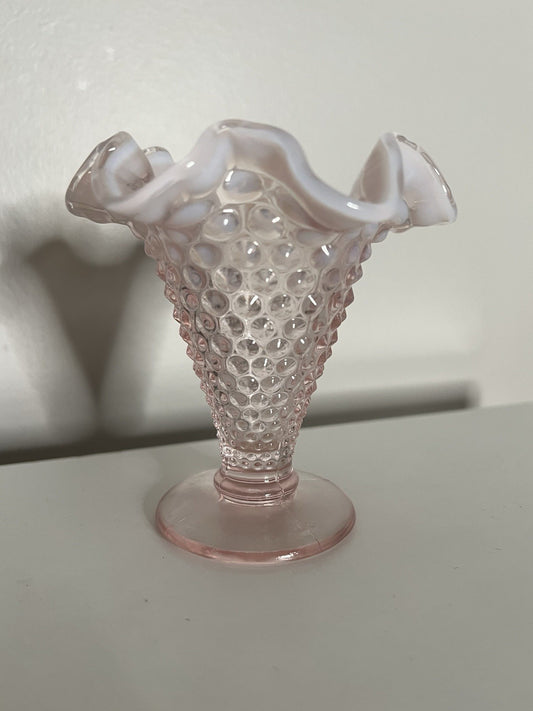 Vintage Fenton Pink Opalescent Milkglass Hobnail Ruffled Trumpet Vase 4"