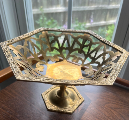 Vintage Brass Pedestal Bowl with Ornate Cut Out Design & Floral Motif 9" x 5”