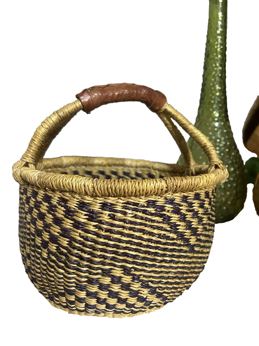 Bolga African Market Basket Hand Woven With Leather Wrapped Handle 8.5"