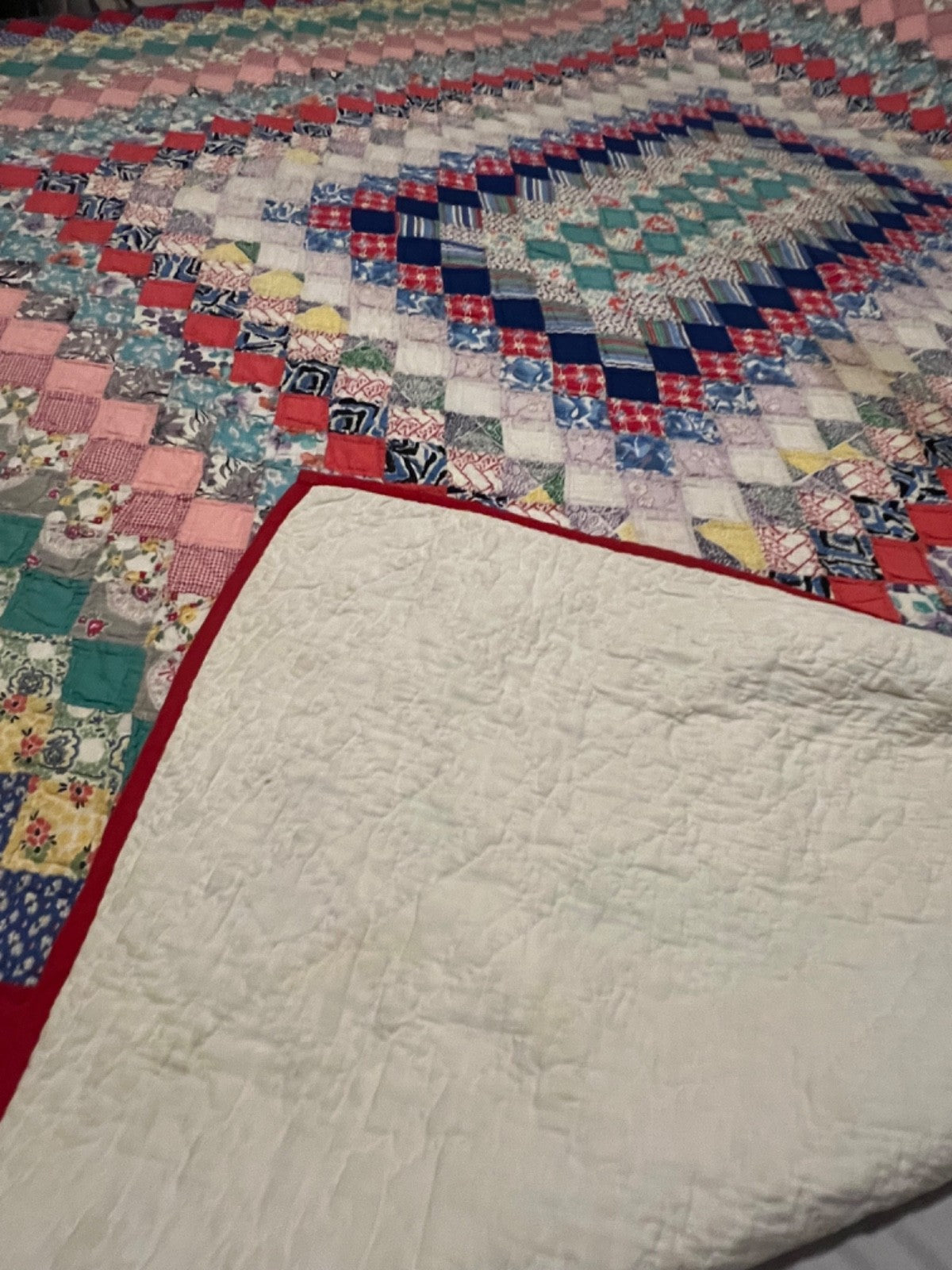 Vintage Trip Around the World Hand Pieced & Quilted Feedsack Queen Quilt