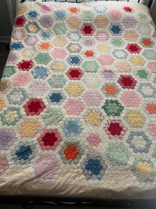 1930's Grandmother's Flower Garden Antique Quilt 80x79