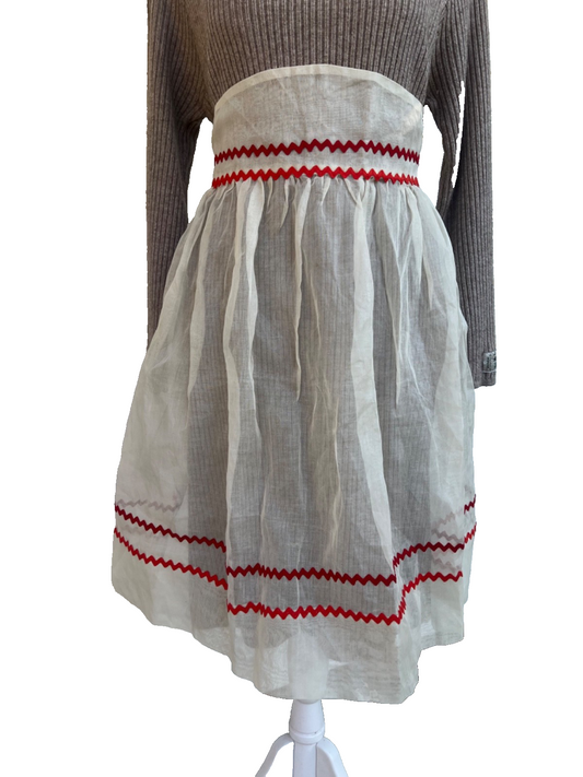 Vintage White Organza Tie Back Apron with Red Rick Rack Detail