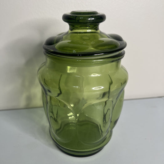 Vintage L.E. Smith Avocado Green Glass Storage Apothecary Jar with Lid