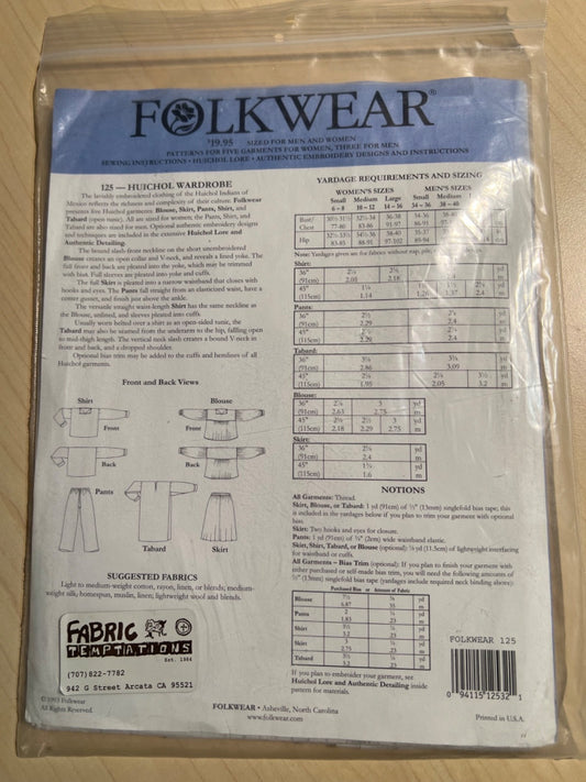 Folkwear Huichol Wardrobe 125 Unisex Adult Sz S M L Sewing Pattern UC FF VTG NIP